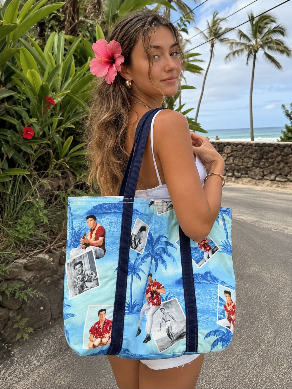 Vintage Elvis Presley Hawaiian Tote Bag Blue Tropical Beach Quilted Large